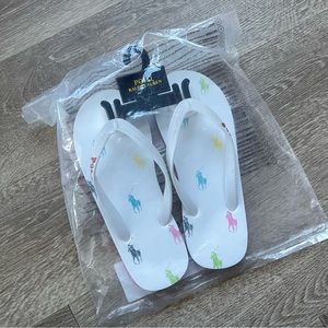 POLO RALPH LAUREN FUCHSIA PINK CAMINO FLIP FLOP ALL OVER PONY SIZE 4